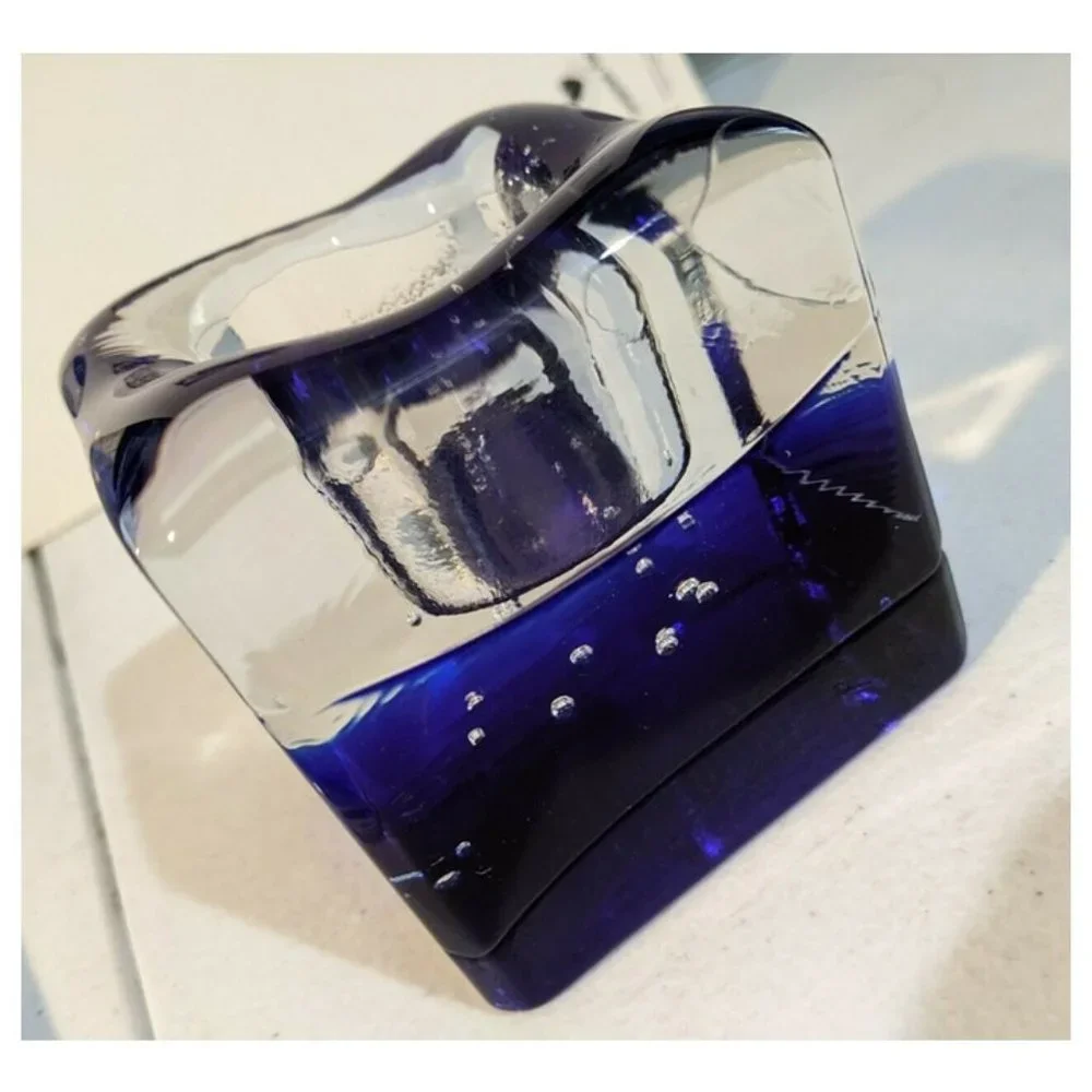 Heavy Art Glass Cobalt Blue Clear Votive Candle Holder Square Paper Clip Weight
